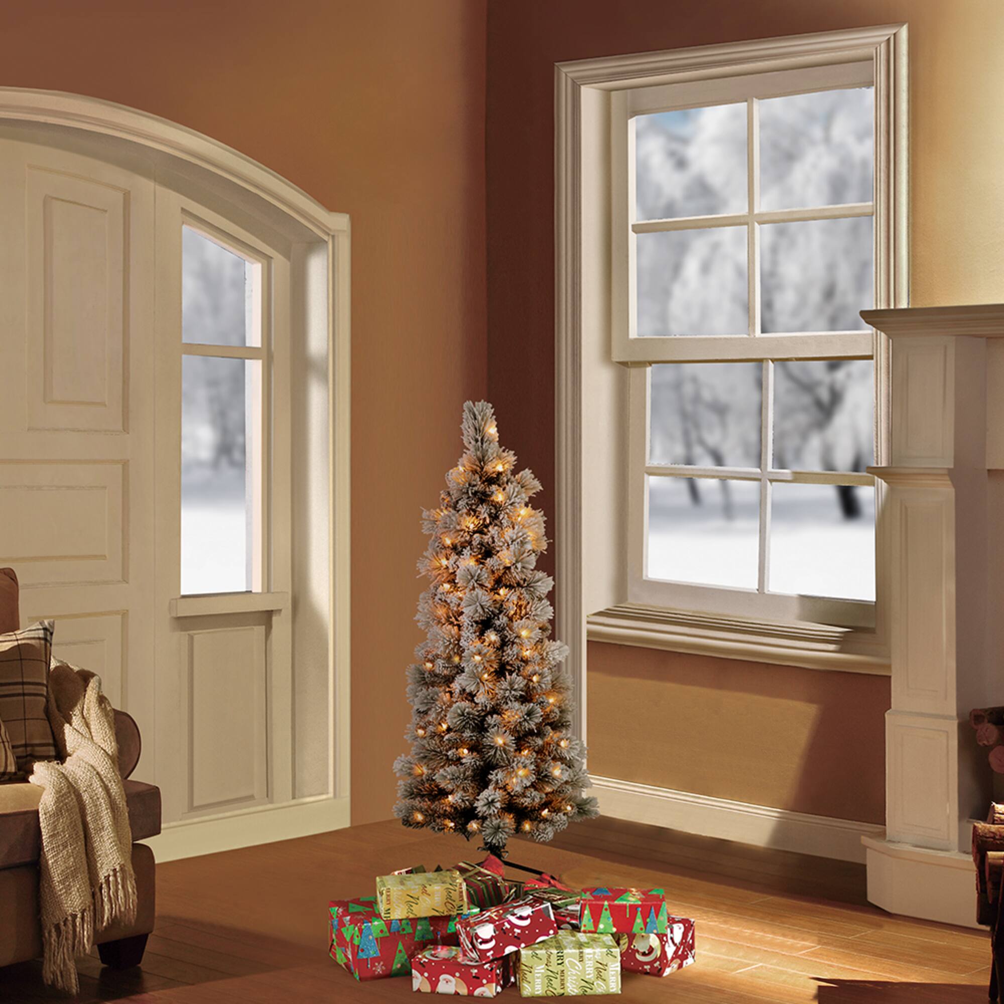 6 Pack: 4.5ft. Pre-Lit Flocked Portland Pine Pencil Artificial Christmas Tree, Clear Lights